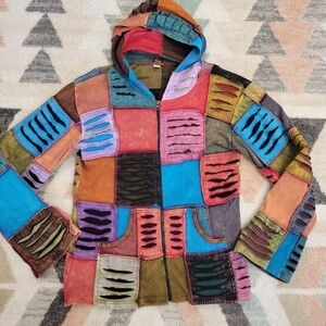 Womens Boho Hippie 100% Cotton Full ZIP patchwork hoodie size large
